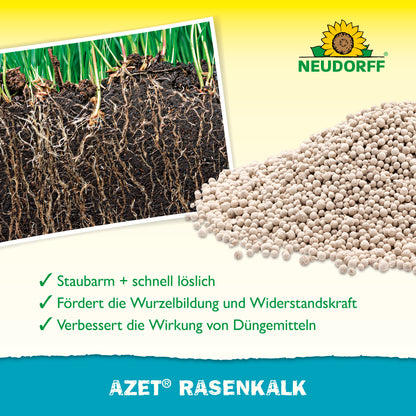 Azet Rasenkalk von Neudorff fördert die Wurzelbildung und Widerstandskraft deines Rasens