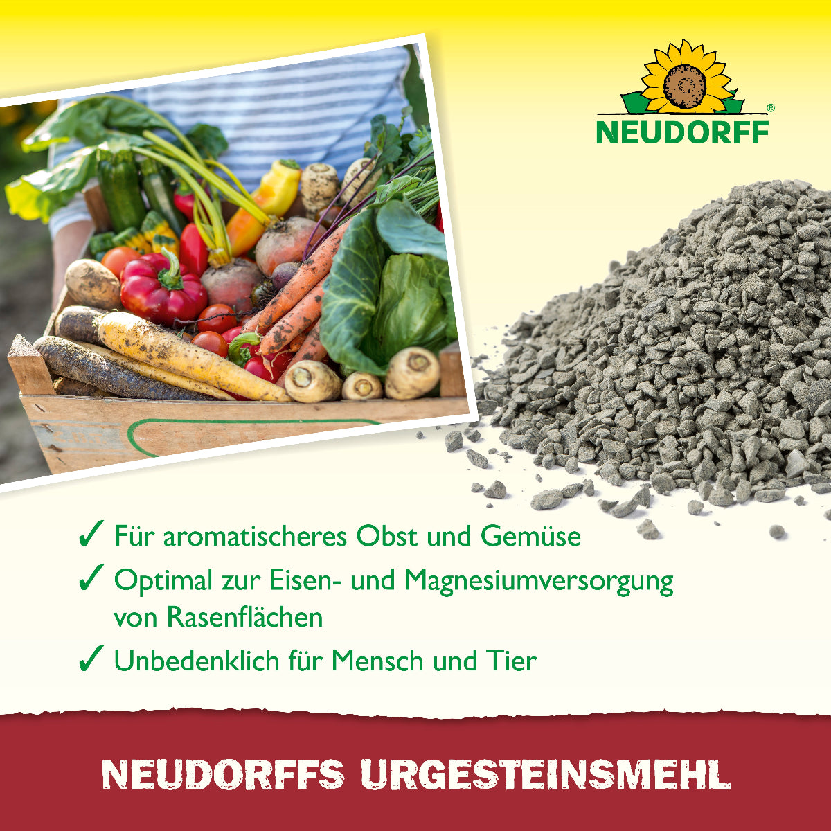 Neudorffs Urgesteinsmehl ist laut Grafik optimal zur Eisen- und Magnesiumversorgung von Pflanzen und Rasen, sorgt für aromatisches Obst und Gemüse und ist unbedenklich für Mensch und Tier