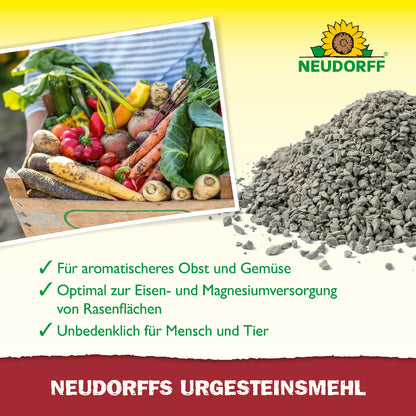 Neudorffs Urgesteinsmehl ist laut Grafik optimal zur Eisen- und Magnesiumversorgung von Pflanzen und Rasen, sorgt für aromatisches Obst und Gemüse und ist unbedenklich für Mensch und Tier