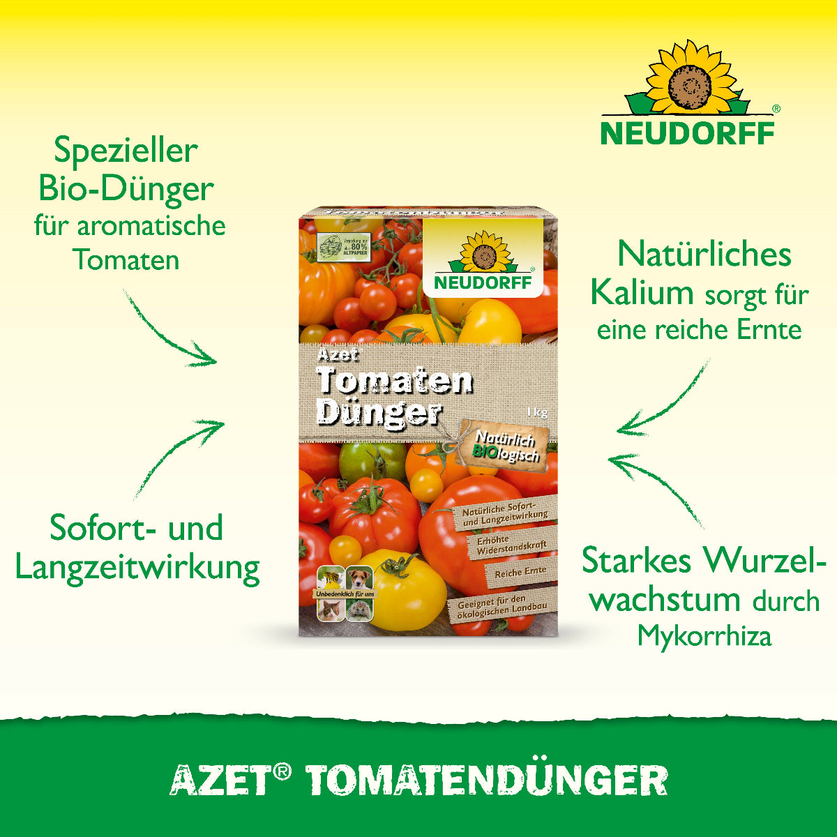 Neudorff Azet TomatenDünger Abbildung in der Mitte umringt von Aussagen zum Produkt wie spezieller Bio-Dünger für aromatisch Tomaten oder natürliches Kalium sorgt für eine reiche Ernte