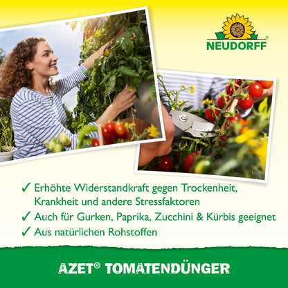 Zwei Bilder mit Tomaten sowie Fakten zu Azet TomatenDünger von Neudorff wie erhöhte Widerstandskraft gegen Trockenheit, Krankheit und andere Stressfaktoren