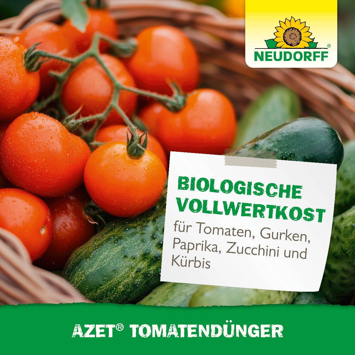 Bild mit Tomaten und anderem Gemüse sowie der Aufschrift Azet TomatenDünger