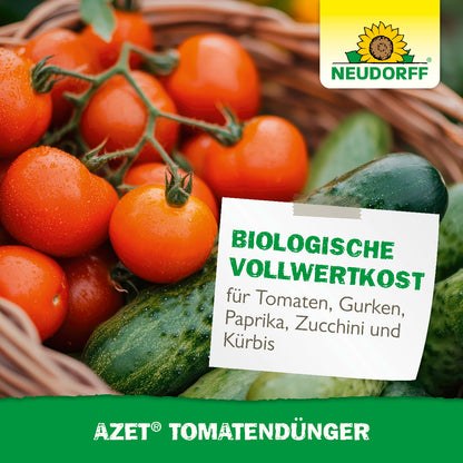 Bild mit Tomaten und anderem Gemüse sowie der Aufschrift Azet TomatenDünger