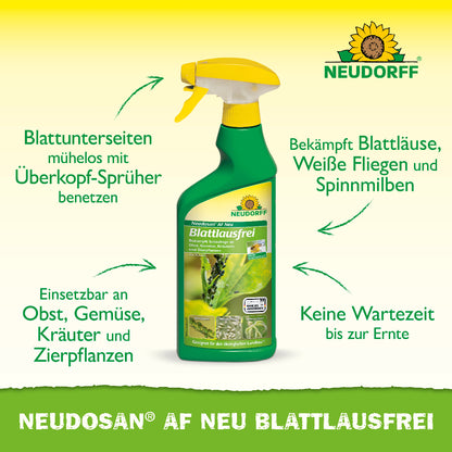 Neudosan AF Neu Blattlausfrei von Neudorff ist ein anwendungsfertiges, effektives Mittel gegen Blattläuse, Weiße Fliege und Spinnmilben
