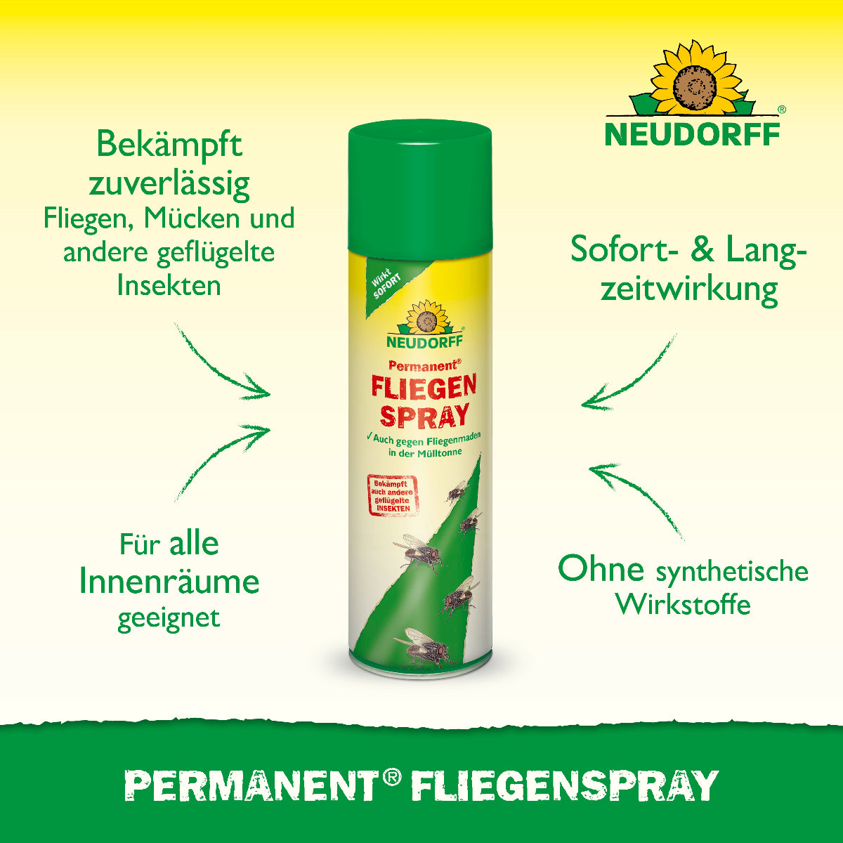 Neudorff Permanent Fliegenspray mit den vier wichtigsten Produktvorteilen 