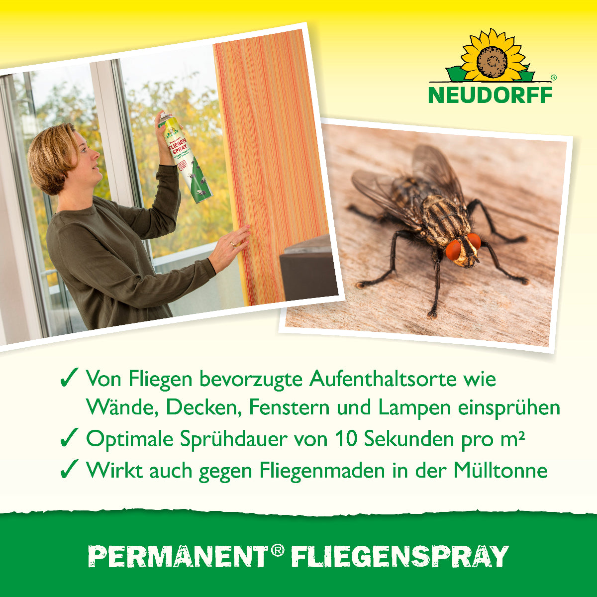 Bild einer Fliege und einer Frau die das Permanent Fliegenspray von Neudorff sprüht, darunter 3 Punkte zur Funktion und Anwendung des Produktes 