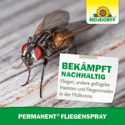 Abbildung einer Fliege und Information zur nachhaltigen Bekämpfung von Fliegen, anderen geflügelten Insekten und Fliegenmaden