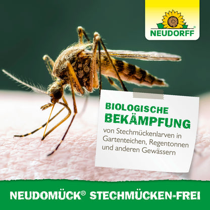 Neudomück StechmückenFrei von Neudorff ist laut Abbildung für die biologische Bekämpfung von Stechmückenlarven in Gartenteichen