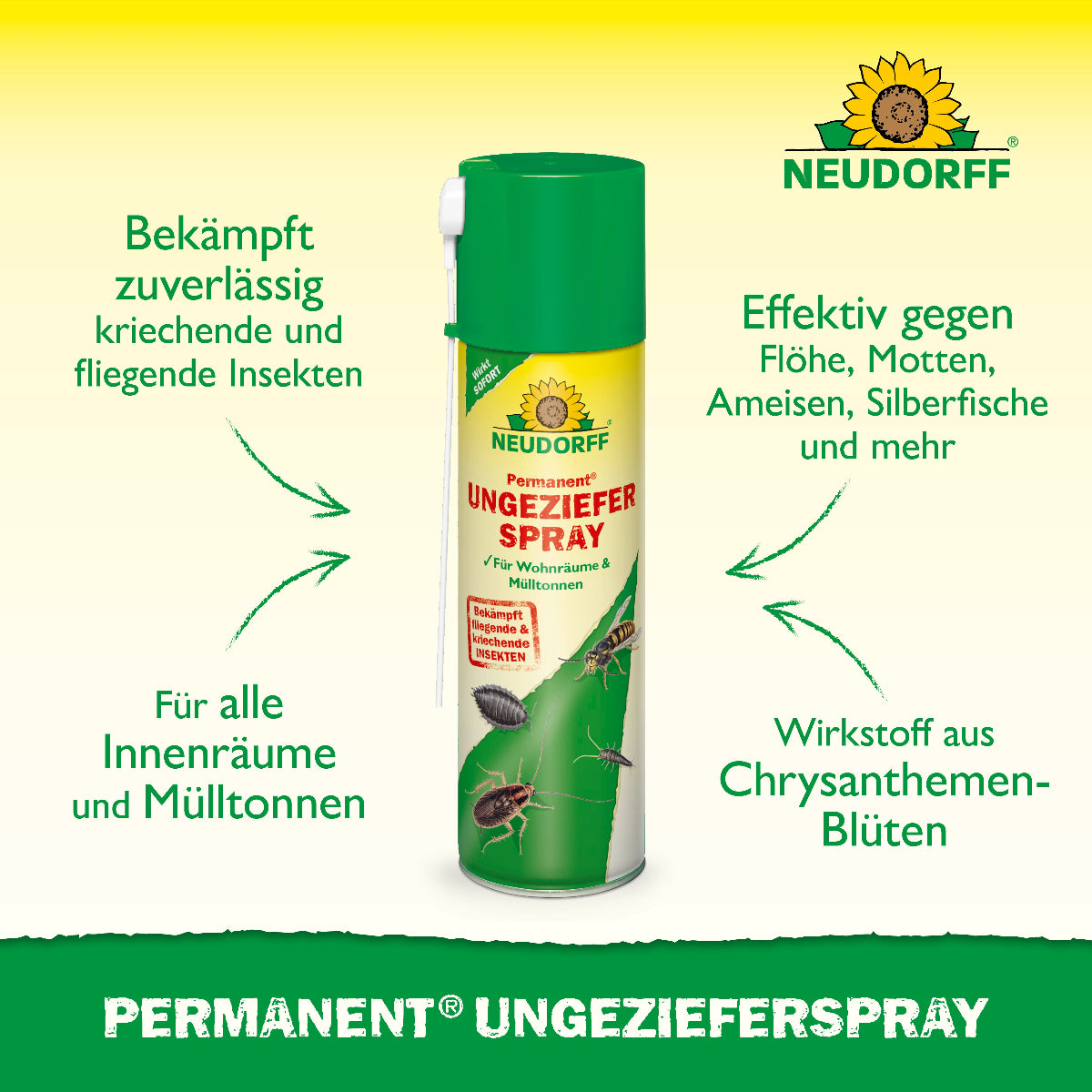 Permanent Ungezieferspray von Neudorff bekämpft zuverlässig kriechende und fliegende Insekten wie Flöhe, Motten, Ameisen, Silberfische und mehr