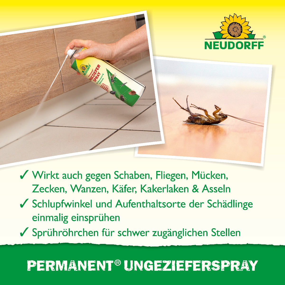 Permanent Ungezieferspray von Neudorff wirkt laut Verpackung auch gegen Schaben, Fliegen, Mücken, Zecken, Wanzen, Käfer, Kakerlaken und Asseln