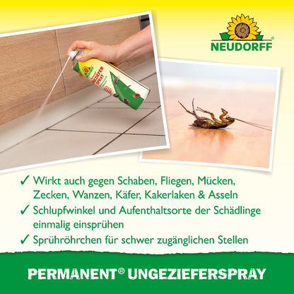 Permanent Ungezieferspray von Neudorff wirkt laut Verpackung auch gegen Schaben, Fliegen, Mücken, Zecken, Wanzen, Käfer, Kakerlaken und Asseln