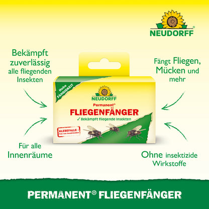 Permanent Fliegenfänger von Neudorff und 4 seiner USPs wie die zuverlässige Bekämpfung aller fliegenden Insekten, für alle Innenräume oder ohne ohne insektizide Wirkstoffe