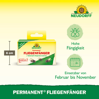 Permanent Fliegenfänger von Neudorff Produktabmessung und danach 2 Infos zum Produkt wie hohe Fängigkeit und einsetzbar von Februar bis November