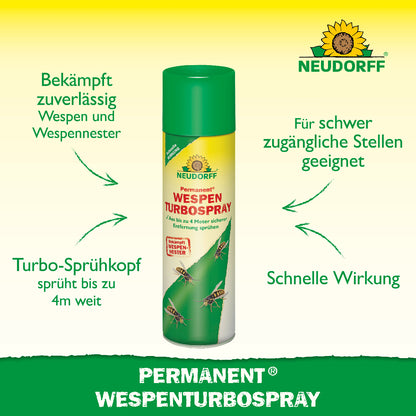 Neudorff Permanent WespenTurbospray Sprühdose mit Hinweisen zu den Vorteilen: bekämpft zuverlässig Wespen und Wespennester an schwer zugänglichen Stellen mit schneller Wirkung