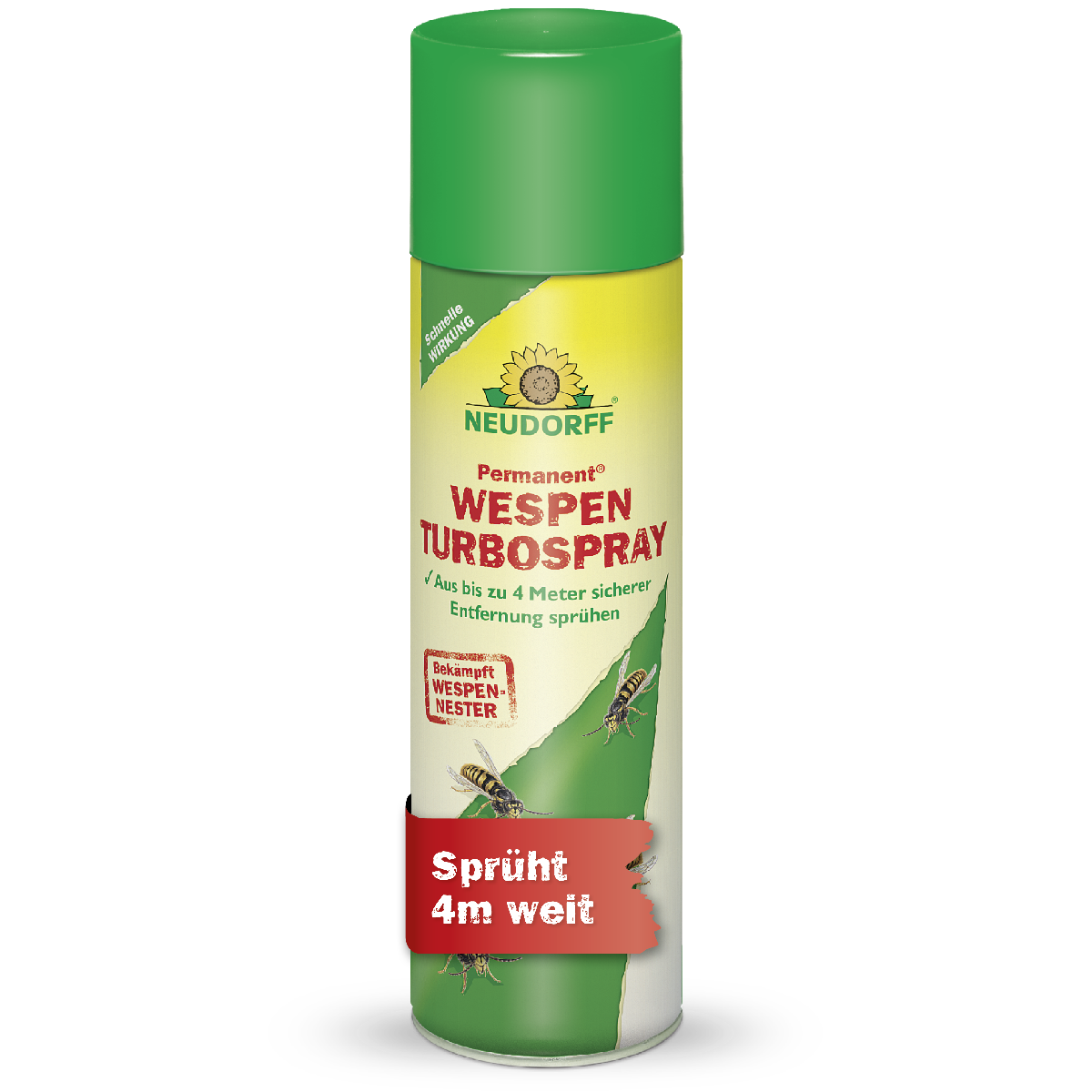 Gelbe Sprühdose des Neudorff Permanent Wespen TurboSprays (500 ml) zur gezielten Bekämpfung von Wespen und Wespennestern aus einer sicheren Distanz von 4 Metern dank Sprühkopf