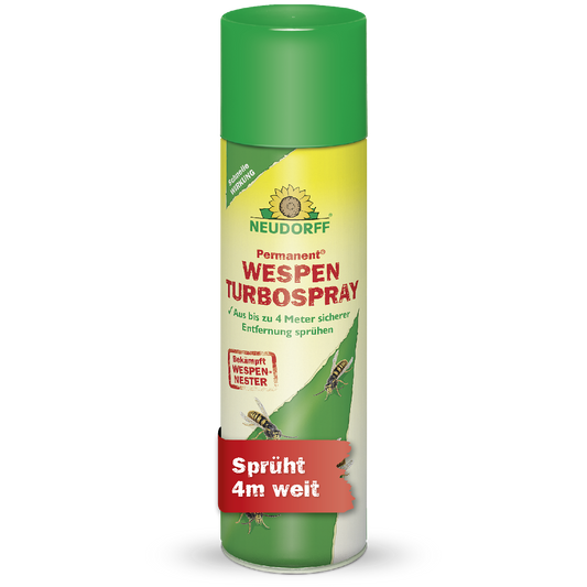 Gelbe Sprühdose des Neudorff Permanent Wespen TurboSprays (500 ml) zur gezielten Bekämpfung von Wespen und Wespennestern aus einer sicheren Distanz von 4 Metern dank Sprühkopf