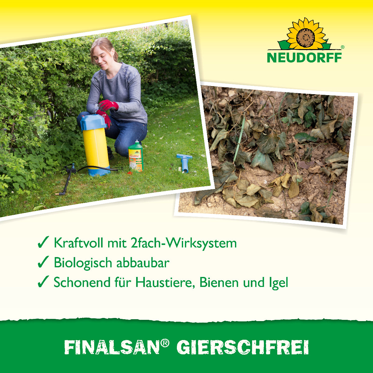 Finalsan GierschFrei von Neudorff ist kraftvoll mit 2facg-Wirksystem und biologisch abbaubar sowie schonend für Haustiere, Bienen und Igel