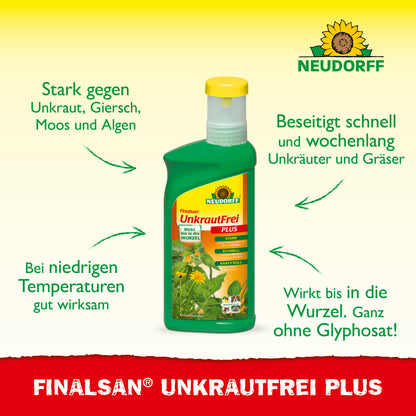 Finalsan UnkrautFrei PLUS von Neudorff ist laut Grafik ein starkes Mittel gegen Unkraut, Giersch, Moos und Algen und beseitigt diese schnell und wochenlang