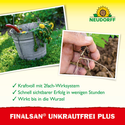 Zwei Bilder mit UNkraut und darunter USPs des Produktes Finalsan Unkrautfrei Plus wie kraftvoll mit 2fach-Wirksystem oder schnell sichtbarer Erfolg in wenigen Stunden