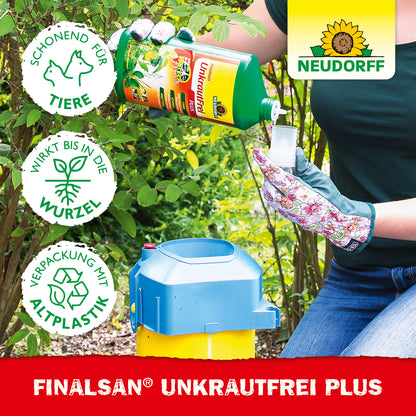 Finalsan UnkrautFrei PLUS von Neudorff im Einsatz und daneben 3 Buttons mit schonend für Haustiere, wirkt bis in die Wurzel und Verpackung mit Altplastik