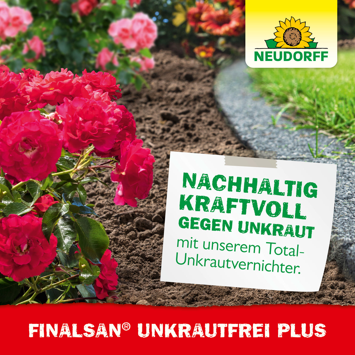 Blumenbeet und daneben steht langanhaltend kraftvoll gegen Unkraut mit unserem Total-Unkrautvernichter Finalsan UnkrautFrei Plus