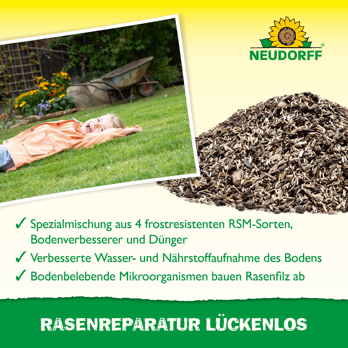 Rasenreparatur Lückenlos von Neudorff verbessert die Wasser- und Nährstoffaufnahme des Rasens