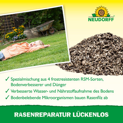 Rasenreparatur Lückenlos von Neudorff verbessert die Wasser- und Nährstoffaufnahme des Rasens