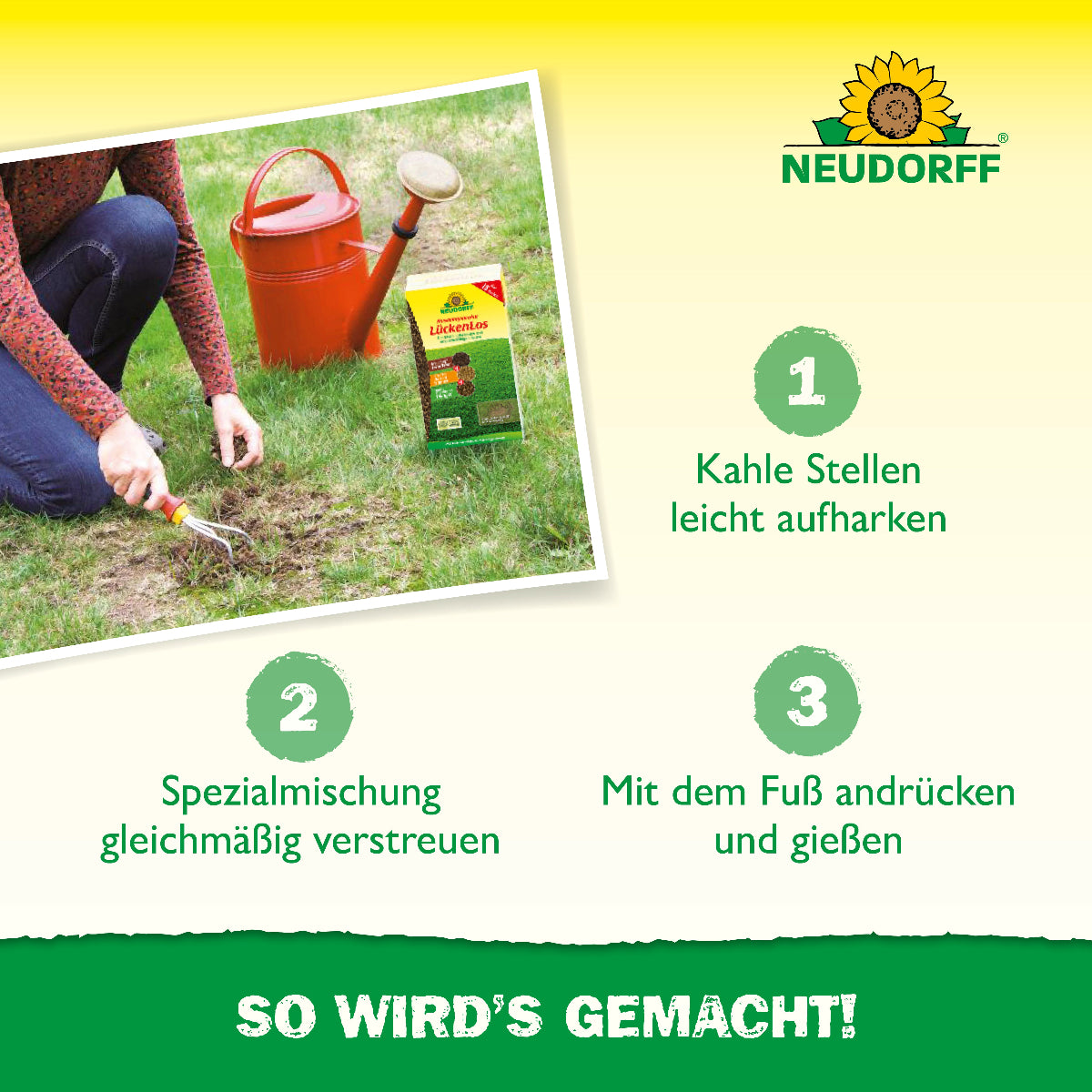 Rasenreparatur Lückenlos von Neudorff bei kahlen Stellen im Rasen einsetzen!