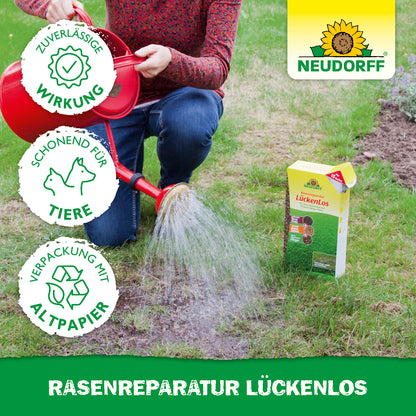 Rasenreparatur Lückenlos von Neudorff fördert einen sattgrünen, ebenmäßigen Rasen und ist schonend für Tiere
