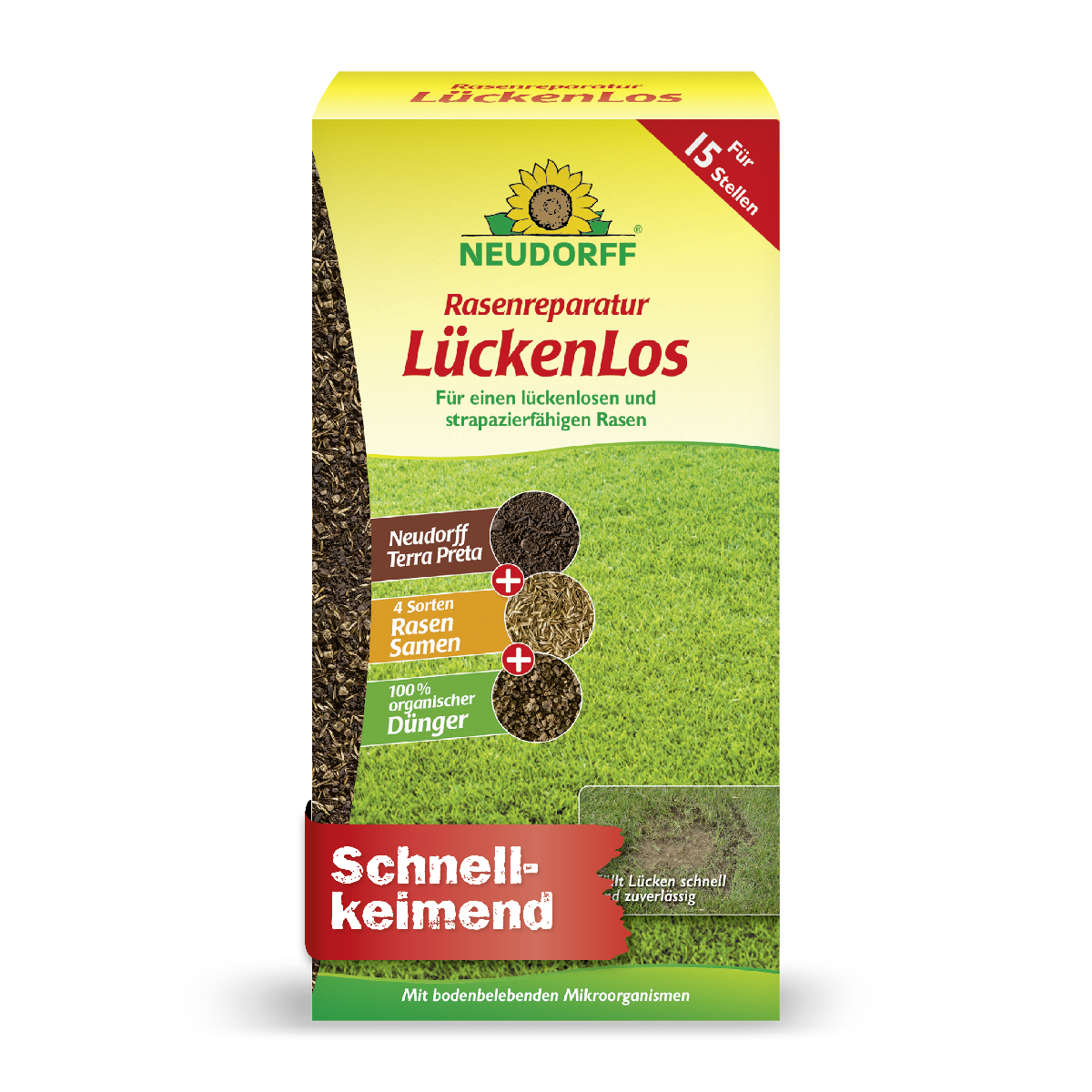 Rasenreparatur Lückenlos von Neudorff für einen lückenlosen und strapazierfähigen Rasen