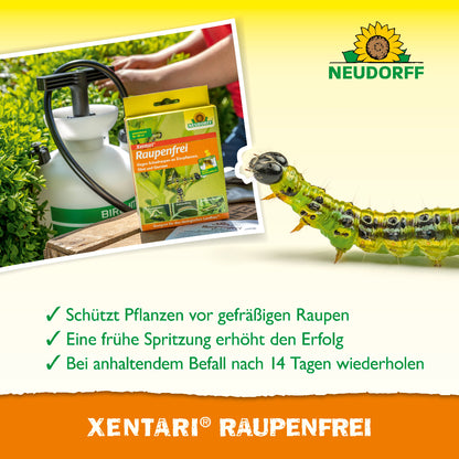 Das biologische Spritzmittel gegen Raupen: Xentari Raupenfrei von Neudorff mit einem biologischen Wirkstoff aus Mikroorganismen wirkt gegen Buchsbaumzünsler, Frostspanner und Kohlweißling
