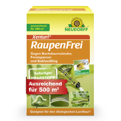 Deine Buchsbäume sind voller Gespinste und kleiner Raupen? Xentari Raupenfrei von Neudorff bekämpft Buchsbaumzünsler, Frostspanner und Kohlweißling an Buchsbäumen, Kohlgemüse und Kernobst effektiv und schont Nützlinge wie Bienen