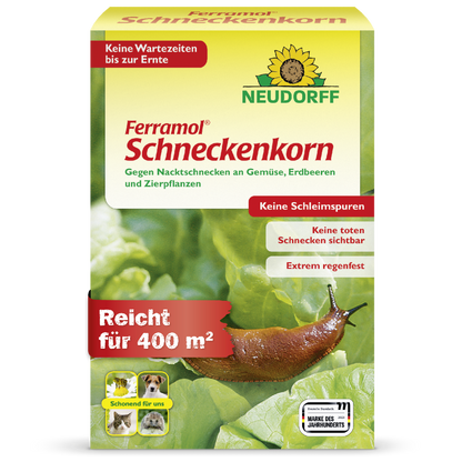 Neudorff Ferramol Schneckenkorn gegen Nacktschnecken für bis zu 400 m² an Gemüse, Erdbeeren und Zierpflanzen für eine sofortige Ernte nach der Anwendung, hoher Regenfestigkeit und sauberer Wirkung ohne Schleimspuren und sichtbar tote Tiere