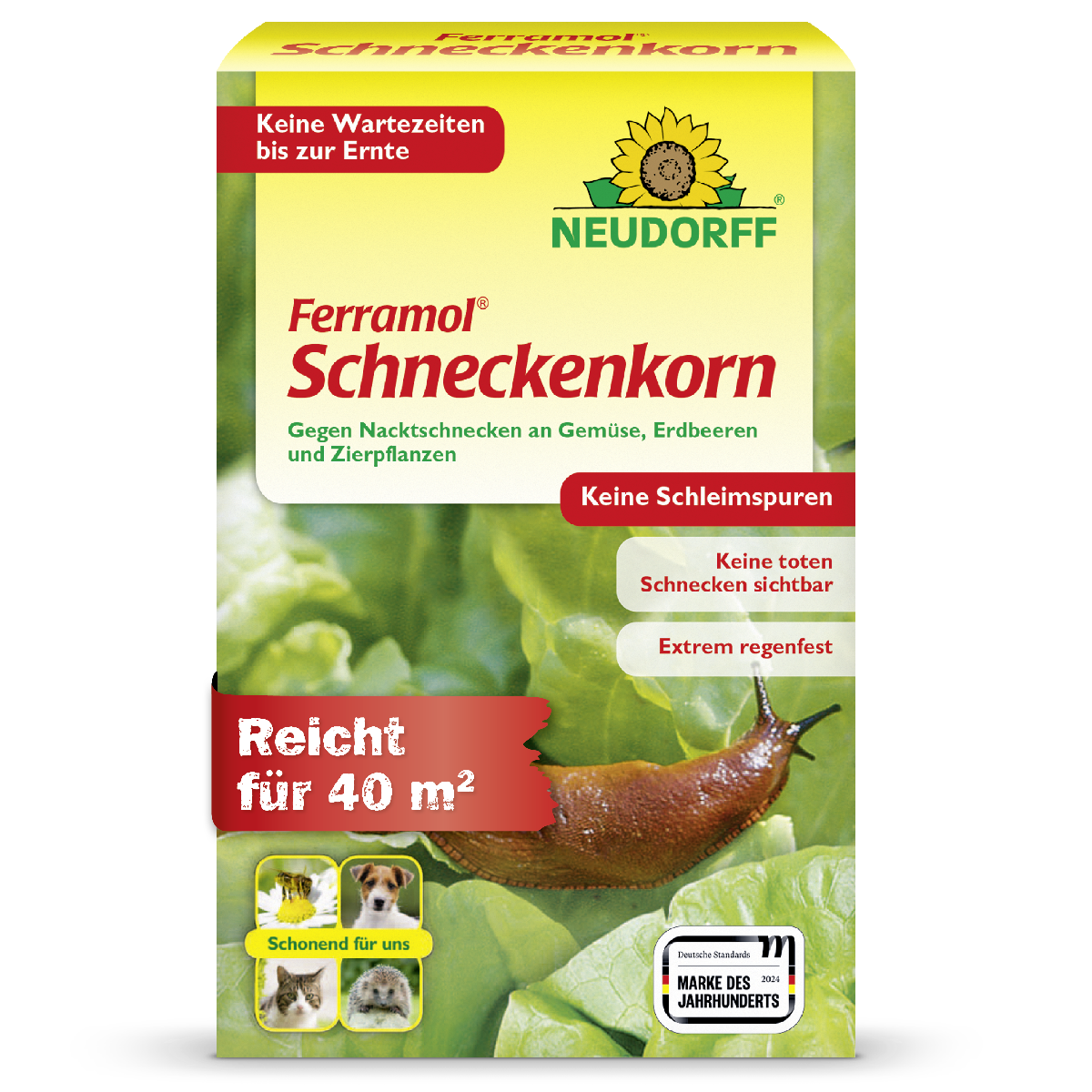 Neudorff Ferramol Schneckenkorn gegen Nacktschnecken für bis zu 40 m² an Gemüse, Erdbeeren und Zierpflanzen für eine sofortige Ernte nach der Anwendung, hoher Regenfestigkeit und sauberer Wirkung ohne Schleimspuren und sichtbar tote Tiere