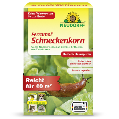 Neudorff Ferramol Schneckenkorn gegen Nacktschnecken für bis zu 40 m² an Gemüse, Erdbeeren und Zierpflanzen für eine sofortige Ernte nach der Anwendung, hoher Regenfestigkeit und sauberer Wirkung ohne Schleimspuren und sichtbar tote Tiere