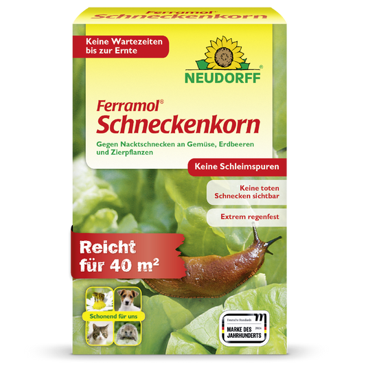 Neudorff Ferramol Schneckenkorn gegen Nacktschnecken für bis zu 40 m² an Gemüse, Erdbeeren und Zierpflanzen für eine sofortige Ernte nach der Anwendung, hoher Regenfestigkeit und sauberer Wirkung ohne Schleimspuren und sichtbar tote Tiere