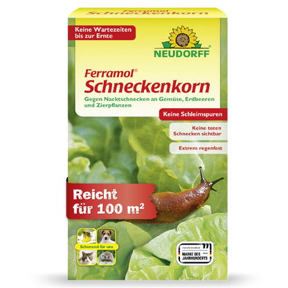 Neudorff Ferramol Schneckenkorn gegen Nacktschnecken für bis zu 100 m² an Gemüse, Erdbeeren und Zierpflanzen für eine sofortige Ernte nach der Anwendung, hoher Regenfestigkeit und sauberer Wirkung ohne Schleimspuren und sichtbar tote Tiere