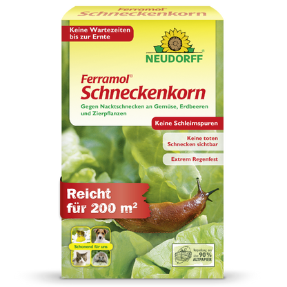 Neudorff Ferramol Schneckenkorn gegen Nacktschnecken für bis zu 200 m² an Gemüse, Erdbeeren und Zierpflanzen für eine sofortige Ernte nach der Anwendung, hoher Regenfestigkeit und sauberer Wirkung ohne Schleimspuren und sichtbar tote Tiere