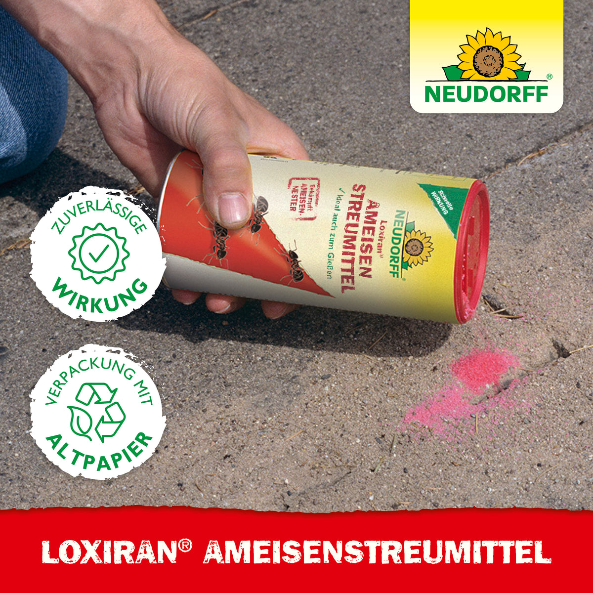 Loxiran Ameisen­Streumittel läßt sich streuen, aber auch gießen - zur effektiven Vertreibung von Ameisen