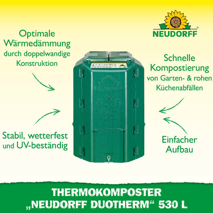 Thermokomposter von neudorff mit optimaler Wärmedämmung durch doppelwandige Konstruktion für eine schnelle Kompostierung von Garten- und rohen Küchenabfällen, einfach aufzubauen, stabil, wetterfest und V-beständig