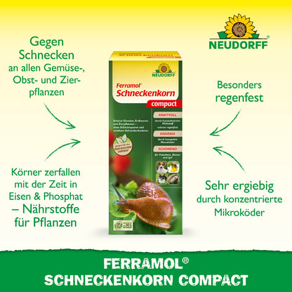 Besonders regenfestes Schneckenkorn zur Bekämpfung von Schnecken an Gemüse-, Obst- und Zierpflanzen, dessen Körner sich mit der Zeit in pflanzenverfügbare Nährstoffe umwandeln