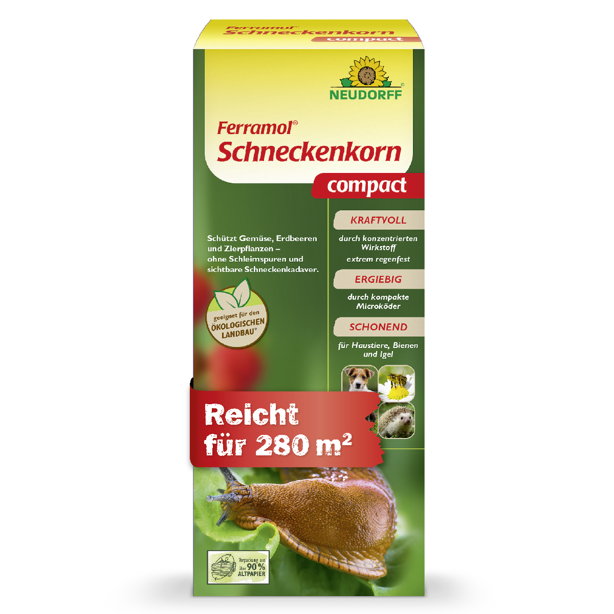 Neudorff Ferramol Schneckenkorn Compact gegen Nacktschnecken für bis zu 280 m² im Garten, mit kraftvoller Wirkung durch konzentrierten Wirkstoff,  besonders ergiebig durch kompakte Mikroköder und schonend für Haustiere, Bienen und Igel