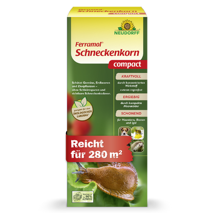 Neudorff Ferramol Schneckenkorn Compact gegen Nacktschnecken für bis zu 280 m² im Garten, mit kraftvoller Wirkung durch konzentrierten Wirkstoff,  besonders ergiebig durch kompakte Mikroköder und schonend für Haustiere, Bienen und Igel