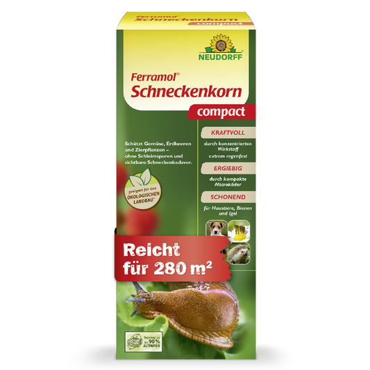 Neudorff Ferramol Schneckenkorn Compact gegen Nacktschnecken für bis zu 280 m² im Garten, mit kraftvoller Wirkung durch konzentrierten Wirkstoff,  besonders ergiebig durch kompakte Mikroköder und schonend für Haustiere, Bienen und Igel