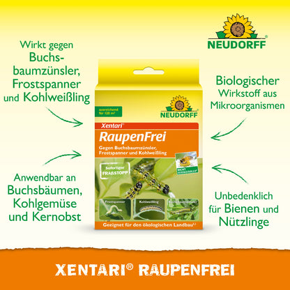 Xentari Raupenfrei von Neudorff mit einem biologischen Wirkstoff aus Mikroorganismen wirkt gegen Buchsbaumzünsler, Frostspanner und Kohlweißling an Buchsbäumen, Kohlgemüse und Kernobst und ist gleichzeitig unbedenklich für Bienen und Nützlinge