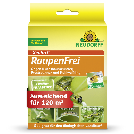 Deine Buchsbäume sind voller Gespinste und kleiner Raupen? Xentari Raupenfrei von Neudorff bekämpft Buchsbaumzünsler, Frostspanner und Kohlweißling an Buchsbäumen, Kohlgemüse und Kernobst effektiv und schont Nützlinge wie Bienen