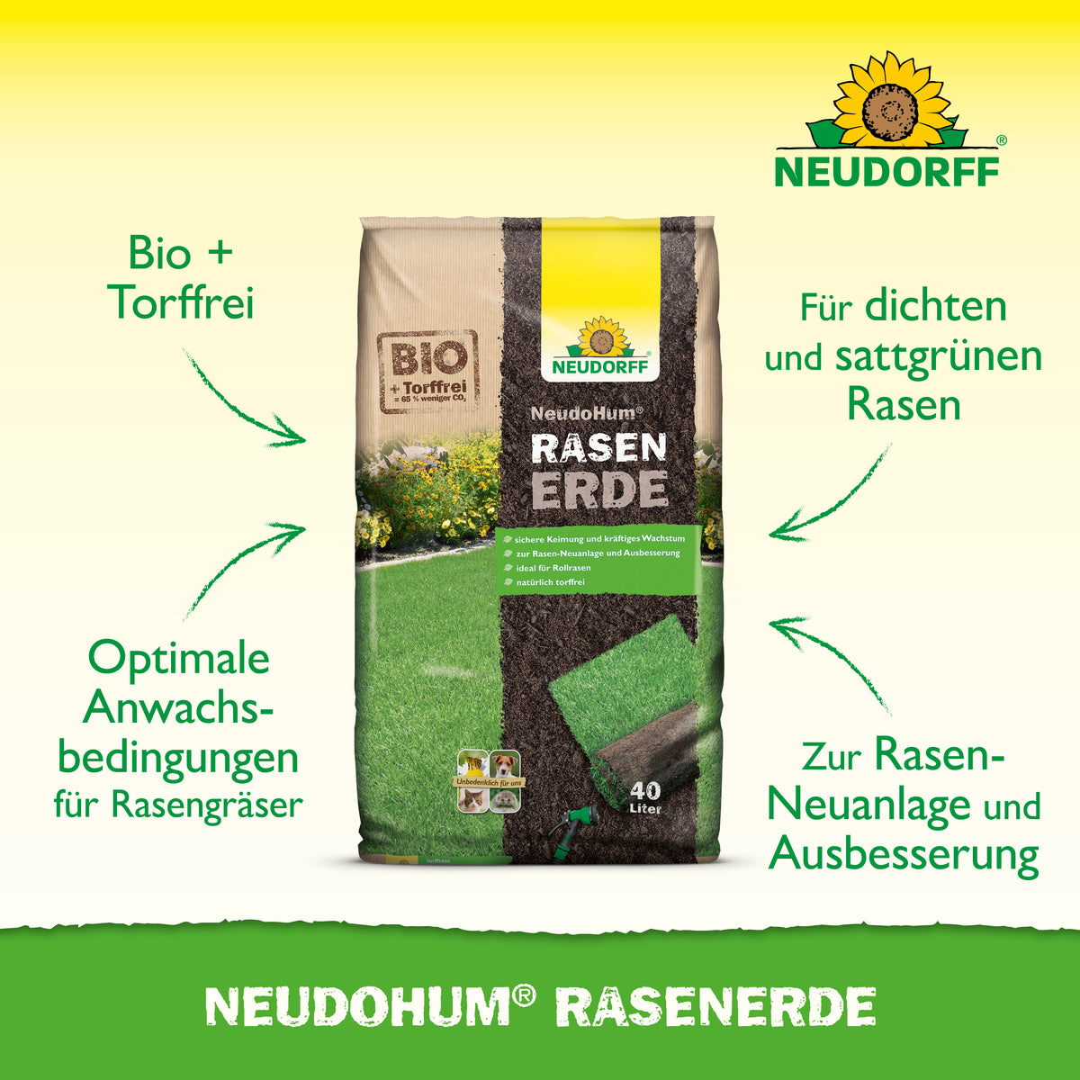 Die torffreie NeudoHum Rasenerde bietet optimale Anwachsbedingungen für Rasengräser bei der Rasenneuanlage oder Ausbesserung