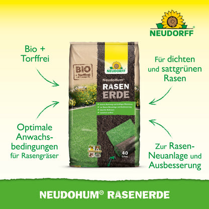 Die torffreie NeudoHum Rasenerde bietet optimale Anwachsbedingungen für Rasengräser bei der Rasenneuanlage oder Ausbesserung