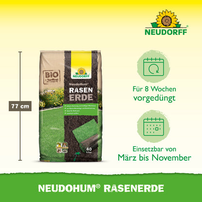 Die torffreie NeudoHum Rasenerde bietet optimale Anwachsbedingungen für Rasengräser und der Boden ist für 8 Wochen vorgedüngt