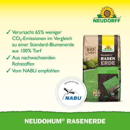 Die torffreie NeudoHum Rasenerde bietet optimale Anwachsbedingungen für deinen selbst angelegten oder Rollrasen